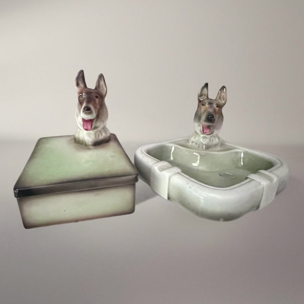 Vintage Rare Goldscheider Art Deco 1941 German Shepherd Ashtray & Snuff Box Set
